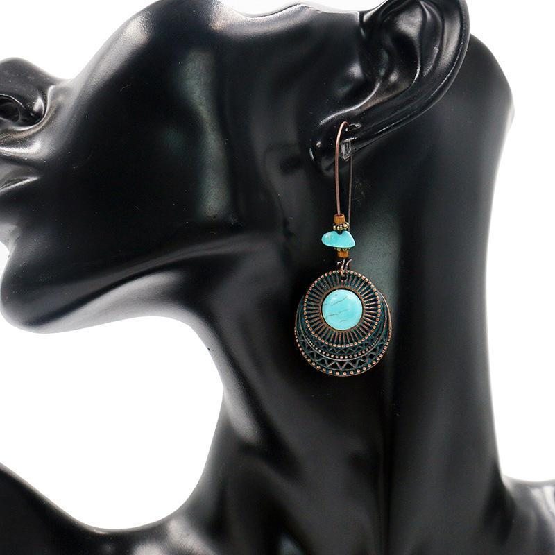 Boucles D'oreilles Longues Turquoises Rondes En Alliage Rétro