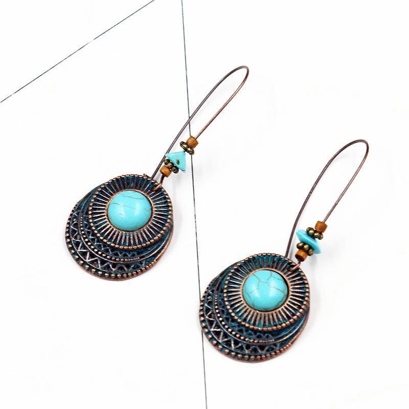 Boucles D'oreilles Longues Turquoises Rondes En Alliage Rétro