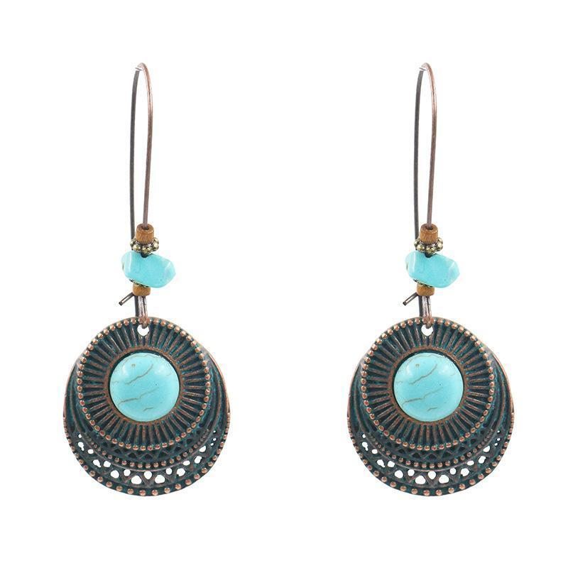 Boucles D'oreilles Longues Turquoises Rondes En Alliage Rétro