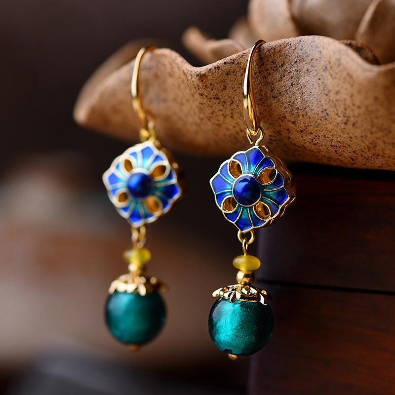 Boucles D'oreilles Pendantes Ethnique Fait Main Glaze Cloisonné Qualité