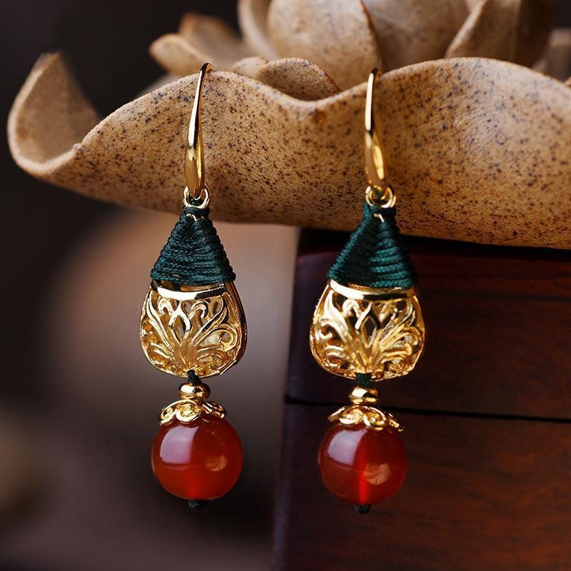 Boucles D'oreilles Pendantes Longues En Agate Plaqué Or