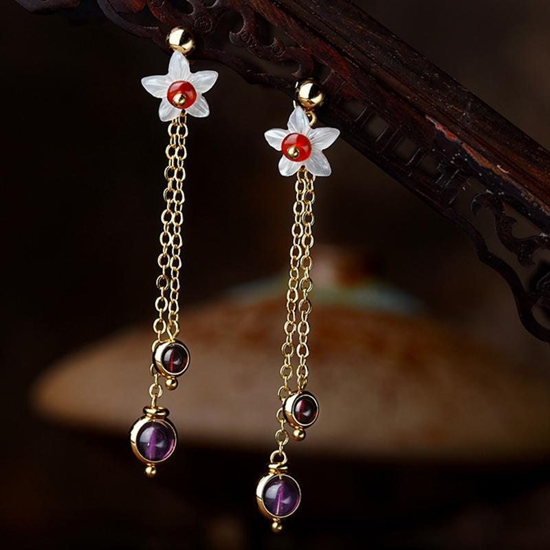 Boucles D'oreilles Rétro Boho Shell Flower Amethyst Tassels