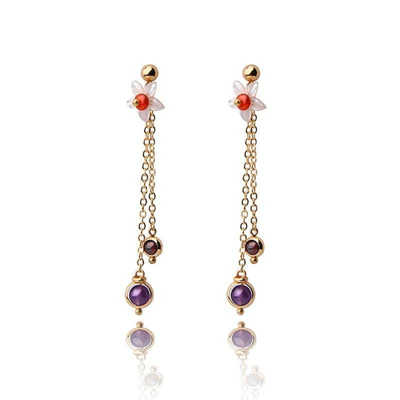 Boucles D'oreilles Rétro Boho Shell Flower Amethyst Tassels