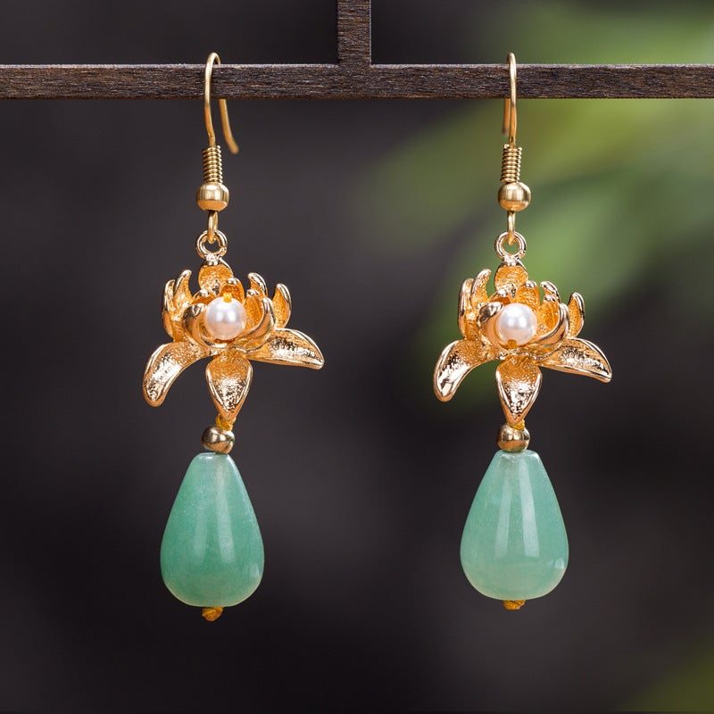 Boucles D'oreilles Vintage Floral Aventurine Jade Bead