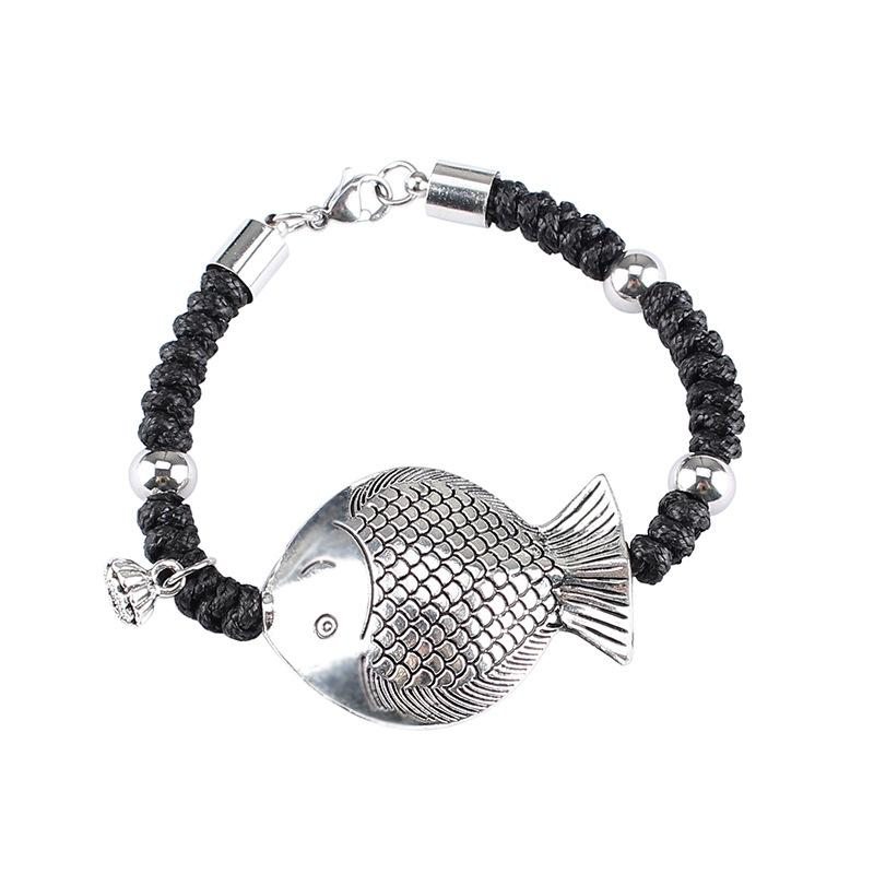 Bracelet Corde Ethnique Poisson Argent Antique Bracelet