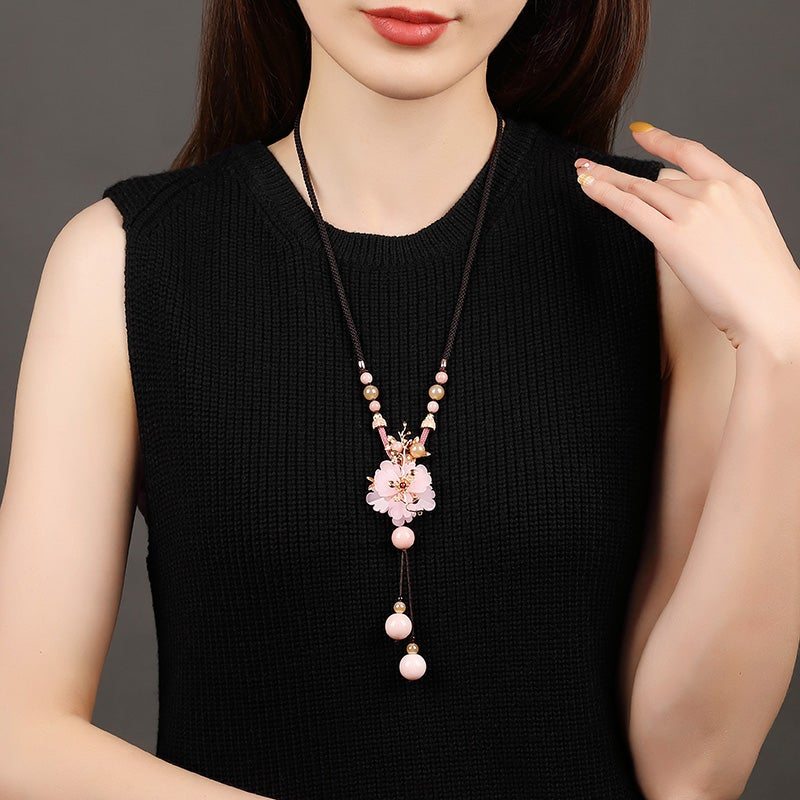 Collier Fait Main Fleur Rose Émaillée Colorée Ethnique Vintage