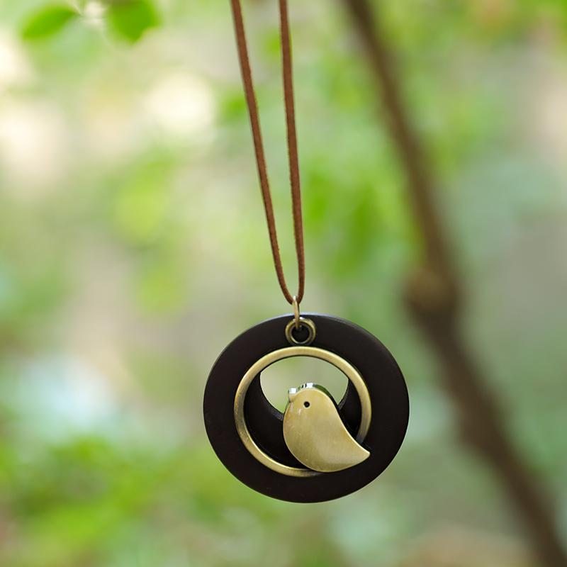 Collier Pendentif En Bois Rond En Forme D'oiseau En Métal Mignon