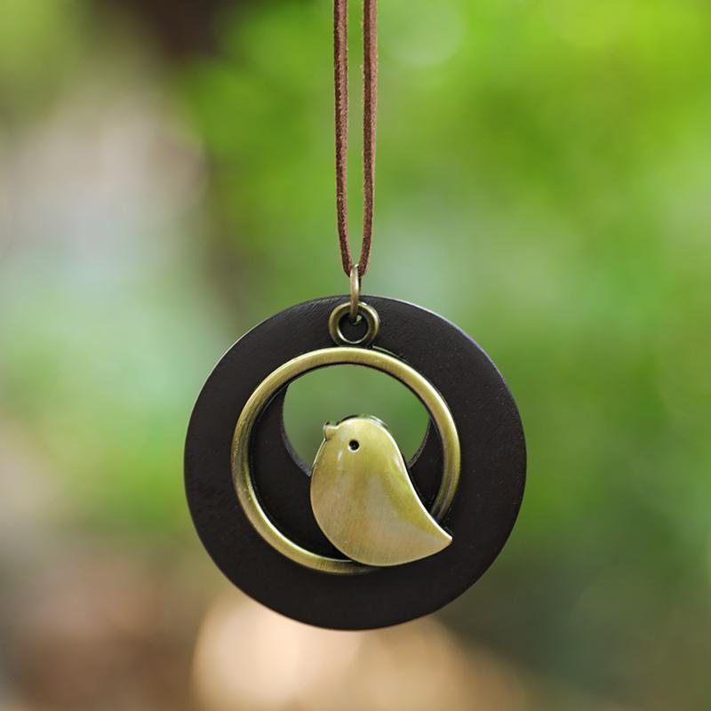 Collier Pendentif En Bois Rond En Forme D'oiseau En Métal Mignon