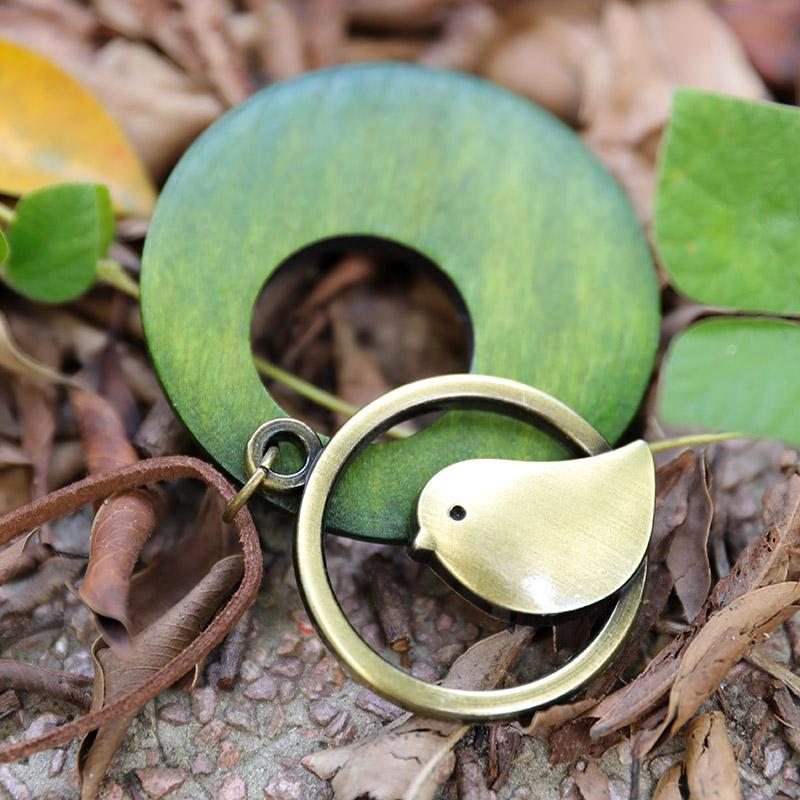 Collier Pendentif En Bois Rond En Forme D'oiseau En Métal Mignon