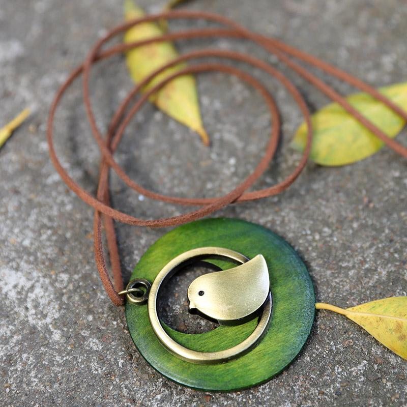 Collier Pendentif En Bois Rond En Forme D'oiseau En Métal Mignon