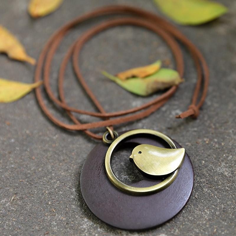 Collier Pendentif En Bois Rond En Forme D'oiseau En Métal Mignon