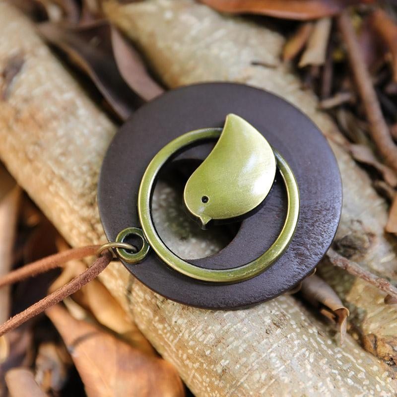 Collier Pendentif En Bois Rond En Forme D'oiseau En Métal Mignon