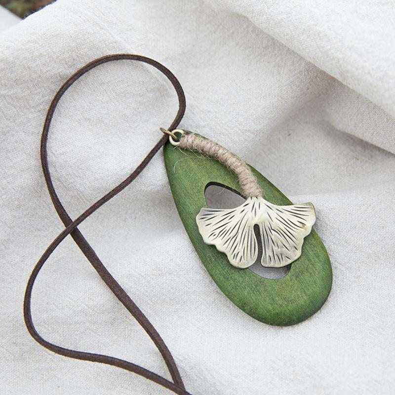 Collier Pendentif En Forme De Goutte Verte En Cuivre Ginkgo Exquis Vintage