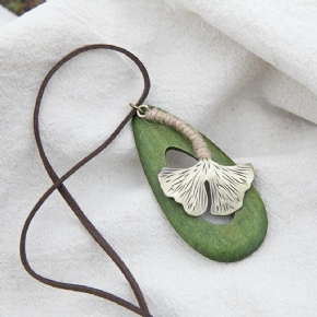 Collier Pendentif En Forme De Goutte Verte En Cuivre Ginkgo Exquis Vintage