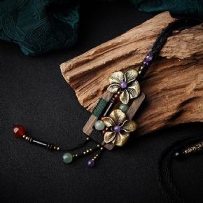 Collier Pendentif Long Fleur De Coquillage En Bois Vintage