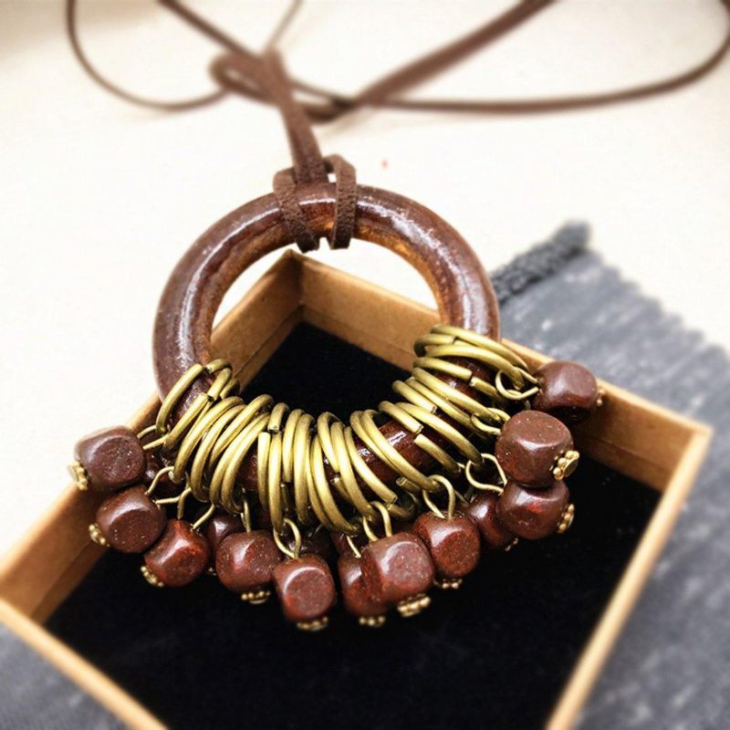 Collier De Perles Rétro Cercle En Bois Pour Femme