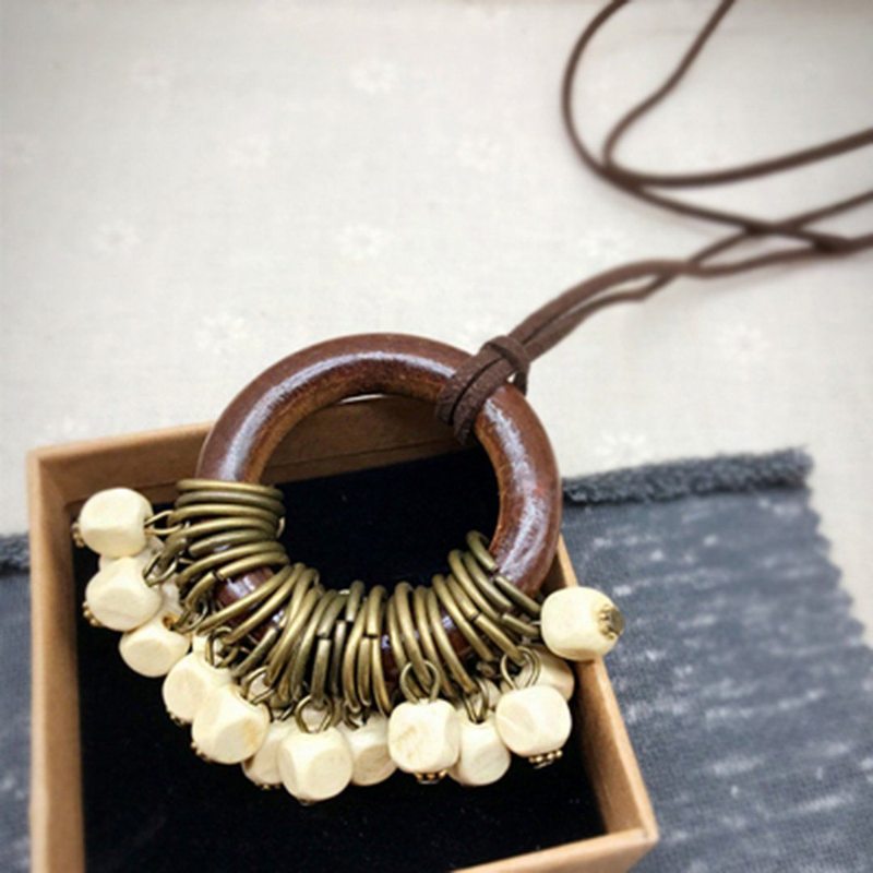 Collier De Perles Rétro Cercle En Bois Pour Femme