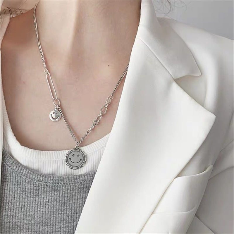 Collier Smiley Argent Vintage S925 Mode Femme