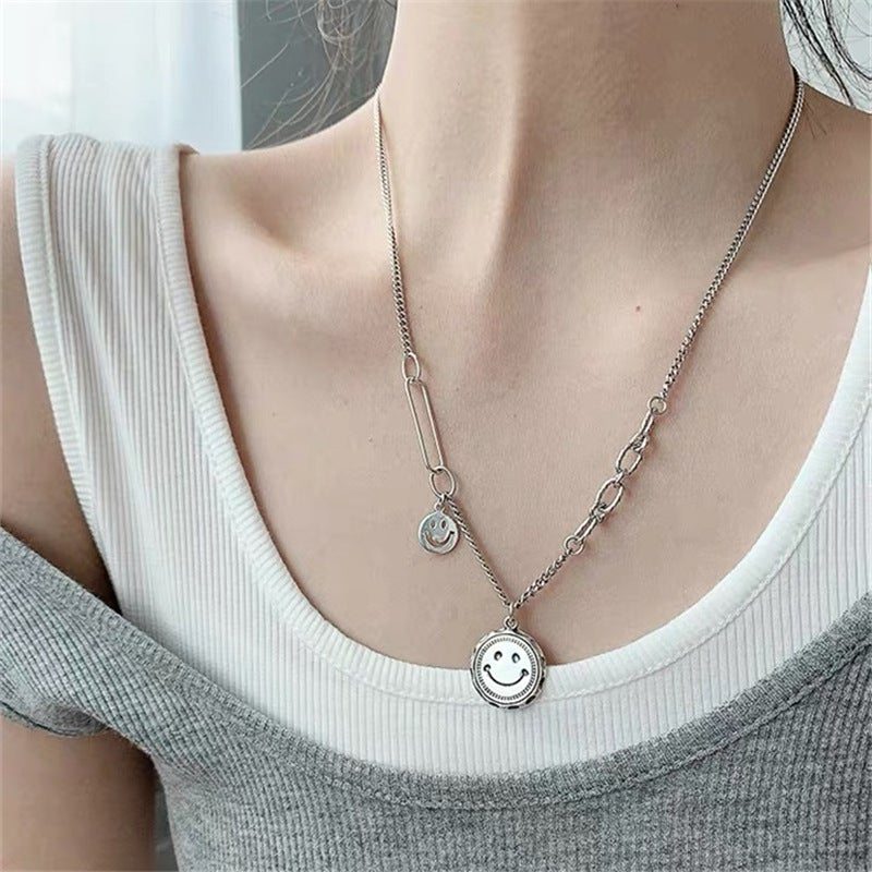 Collier Smiley Argent Vintage S925 Mode Femme