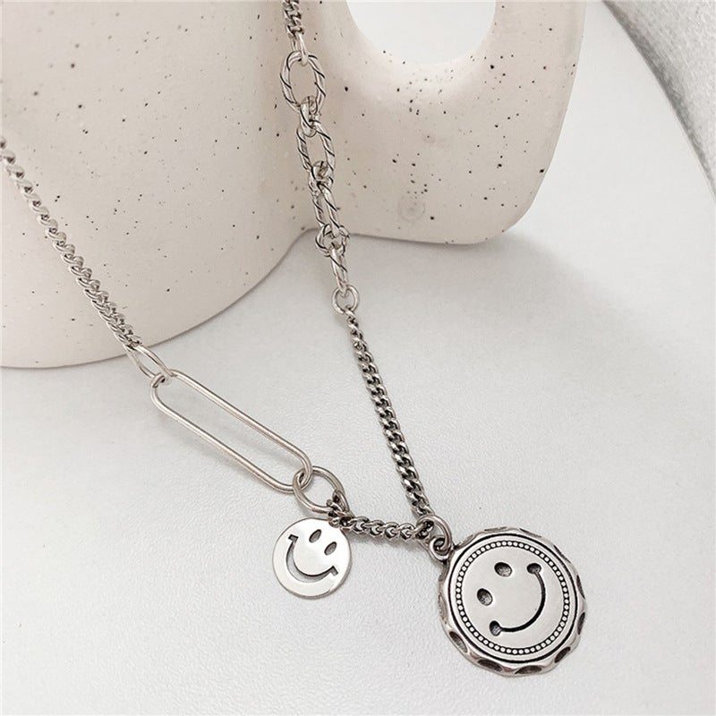 Collier Smiley Argent Vintage S925 Mode Femme