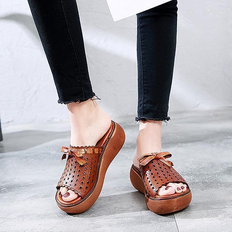 Cuir Vintage Évider Wedge Femmes Pantoufles Décontractées