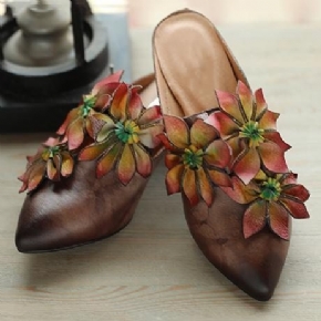 Fleurs Rétro Bout En Amande Chunky Talons Chaussons 35-41