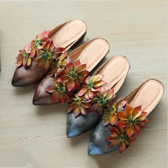 Fleurs Rétro Bout En Amande Chunky Talons Chaussons 35-41