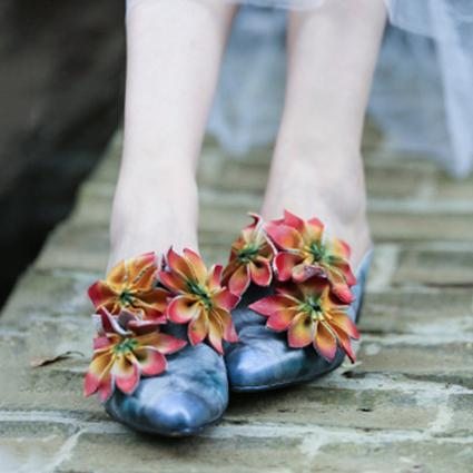 Fleurs Rétro Bout En Amande Chunky Talons Chaussons 35-41