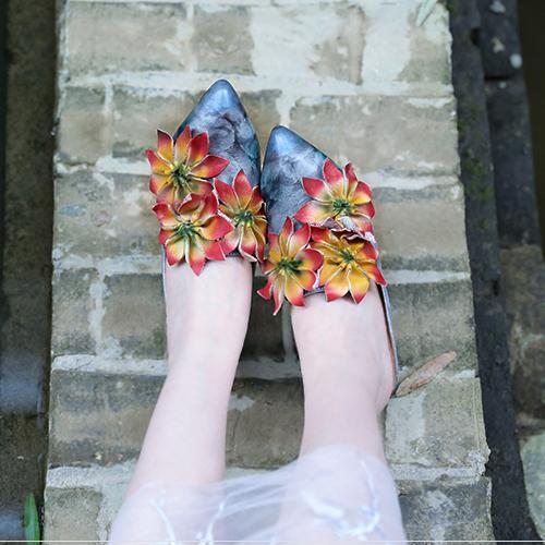 Fleurs Rétro Bout En Amande Chunky Talons Chaussons 35-41