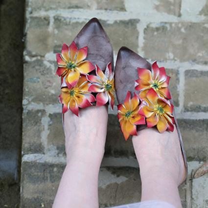 Fleurs Rétro Bout En Amande Chunky Talons Chaussons 35-41