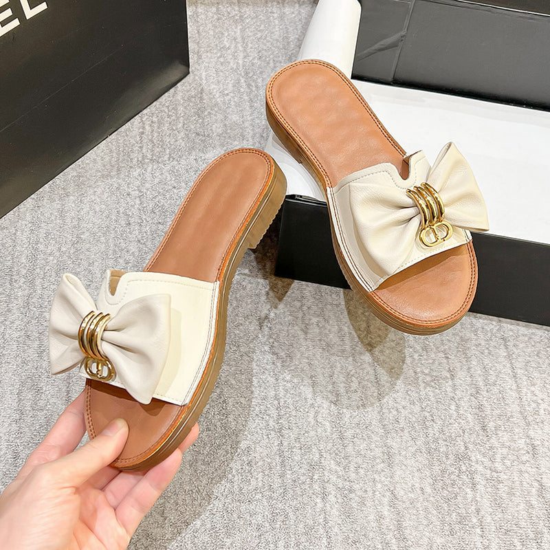 Pantoufles Bowknot En Cuir À La Mode Rétro Pour Femmes