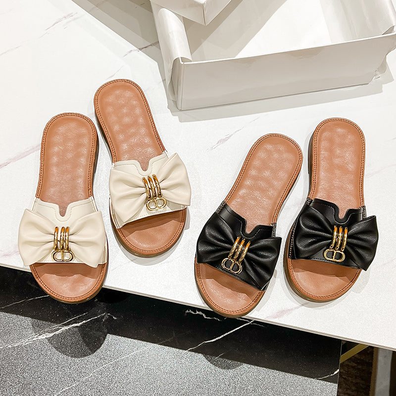 Pantoufles Bowknot En Cuir À La Mode Rétro Pour Femmes