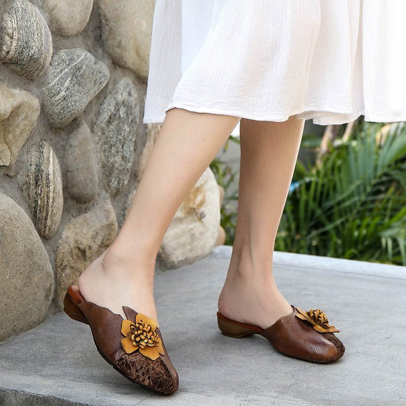 Pantoufles Décontractées En Cuir Tressé À Fleurs Vintage D'été