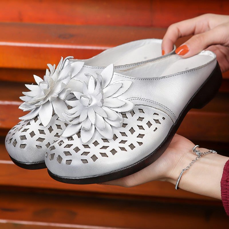 Pantoufles Décontractées Florales En Cuir Creux Pour Femmes