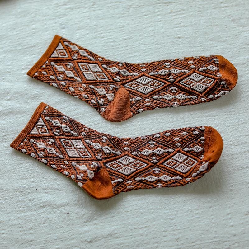 Chaussettes En Coton Rhombique Ethnique Rétro Automne Hiver