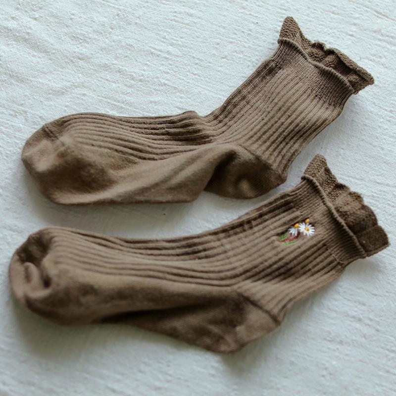 Chaussettes À Volants Brodées De Chrysanthème Rétro Automne Hiver