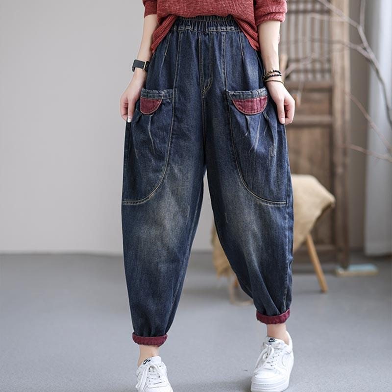 Automne Plus Size Navy Retro Casual Cotton Denim Pants