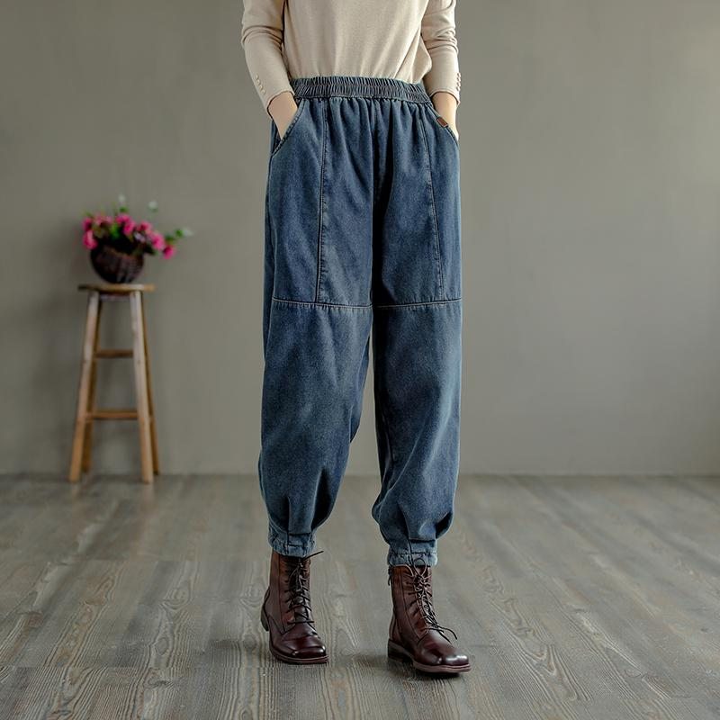 Hiver Rétro Fourrure Épais Casual Coton Sarouel Jeans