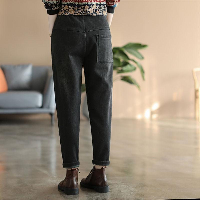 Jean En Coton À Taille Élastique Avec Patchwork En Peluche Rétro D'hiver