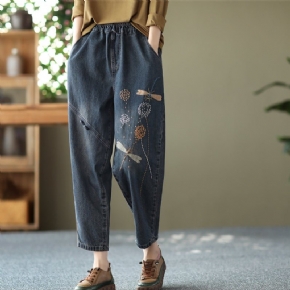 Jeans En Coton Brodé De Libellule Rétro Pour Femmes