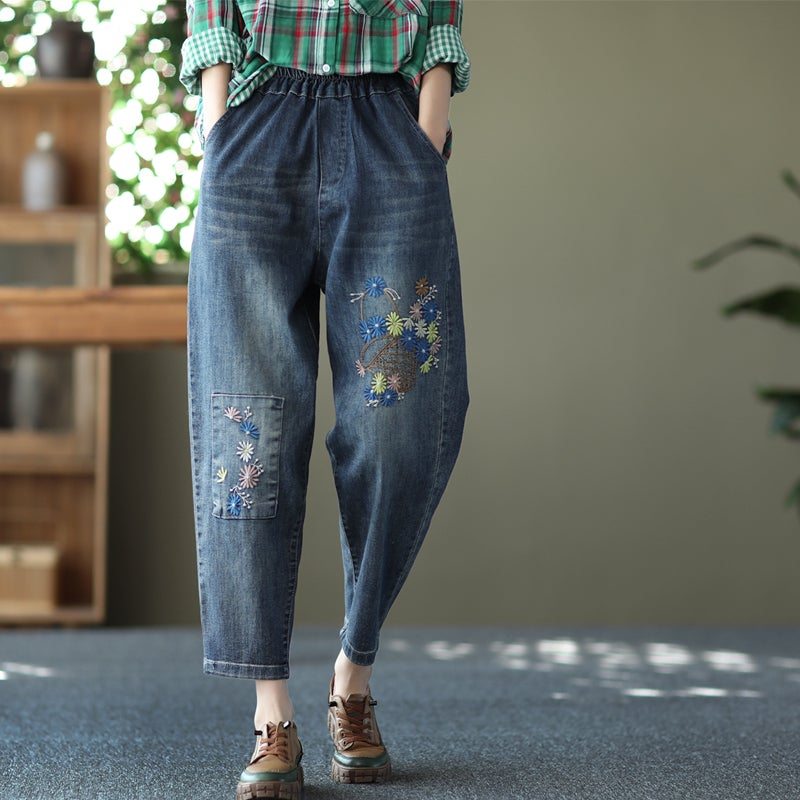 Jeans Décontractés En Coton Décontracté Avec Broderie Rétro De Printemps