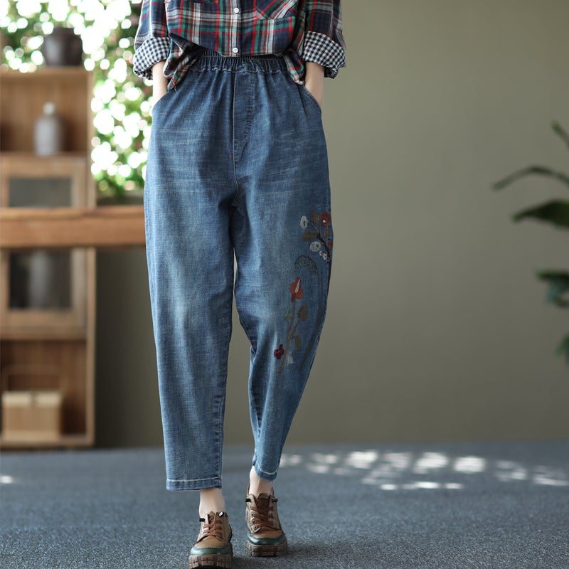 Jeans Décontractés En Coton Décontracté Avec Broderie Rétro De Printemps