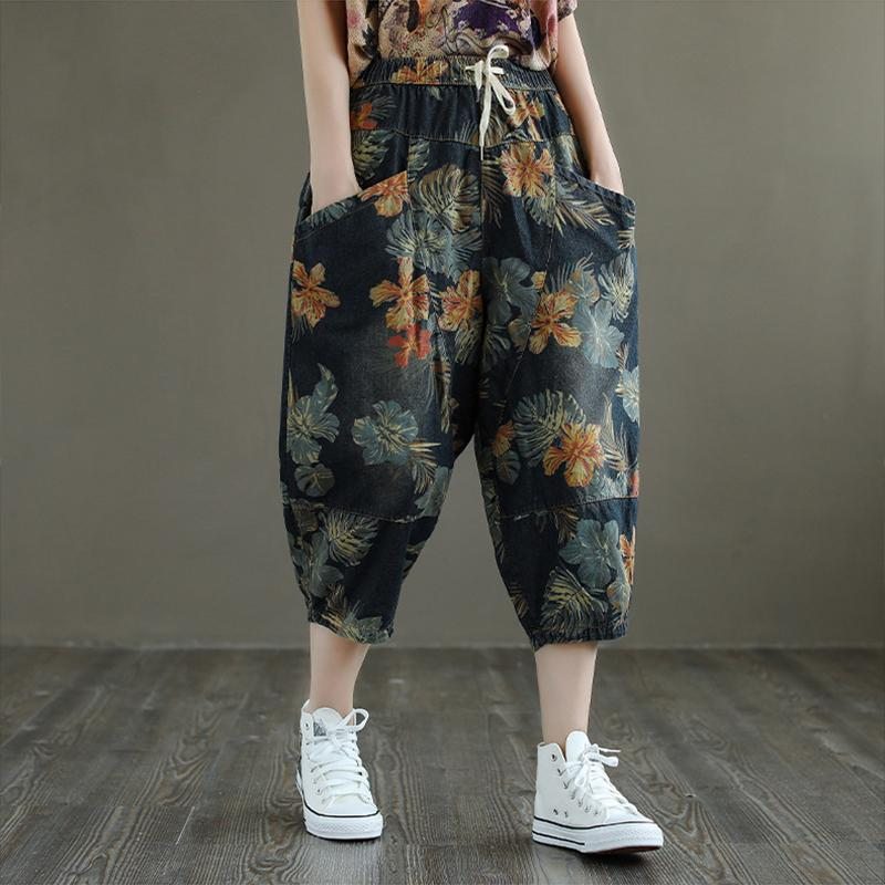 Pantalon En Denim Ample À Imprimé Floral Rétro Grande Taille