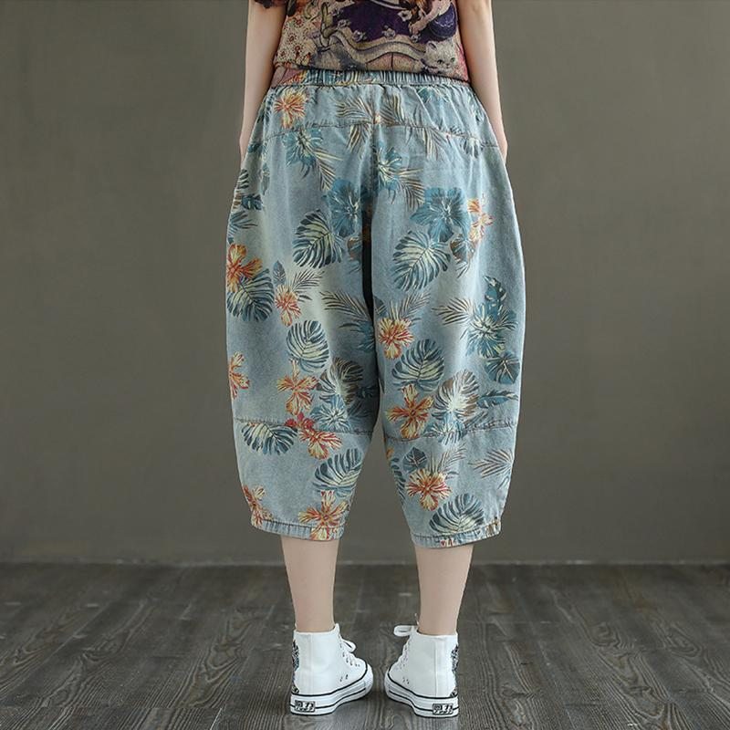 Pantalon En Denim Ample À Imprimé Floral Rétro Grande Taille