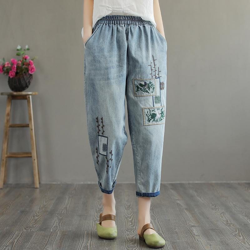 Pantalon En Denim Brodé Décontracté Pour Femmes