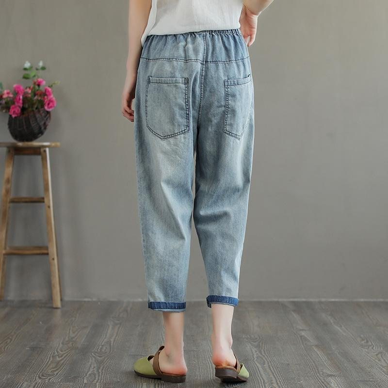 Pantalon En Denim Brodé Décontracté Pour Femmes