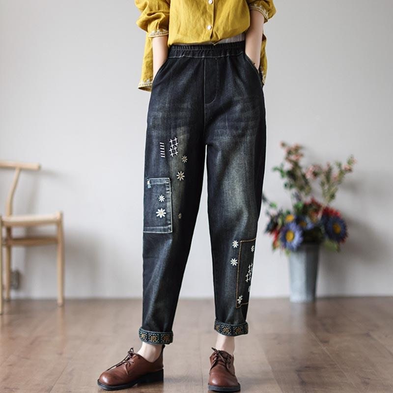 Pantalon En Denim De Coton Ample À Broderie Florale Vintage