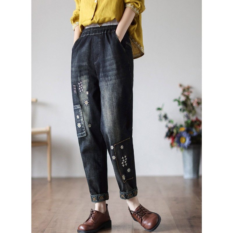 Pantalon En Denim De Coton Ample À Broderie Florale Vintage