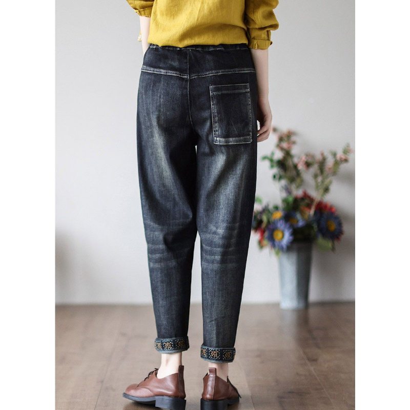 Pantalon En Denim De Coton Ample À Broderie Florale Vintage