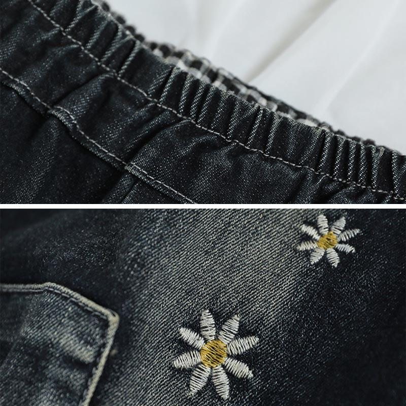 Pantalon En Denim De Coton Ample À Broderie Florale Vintage